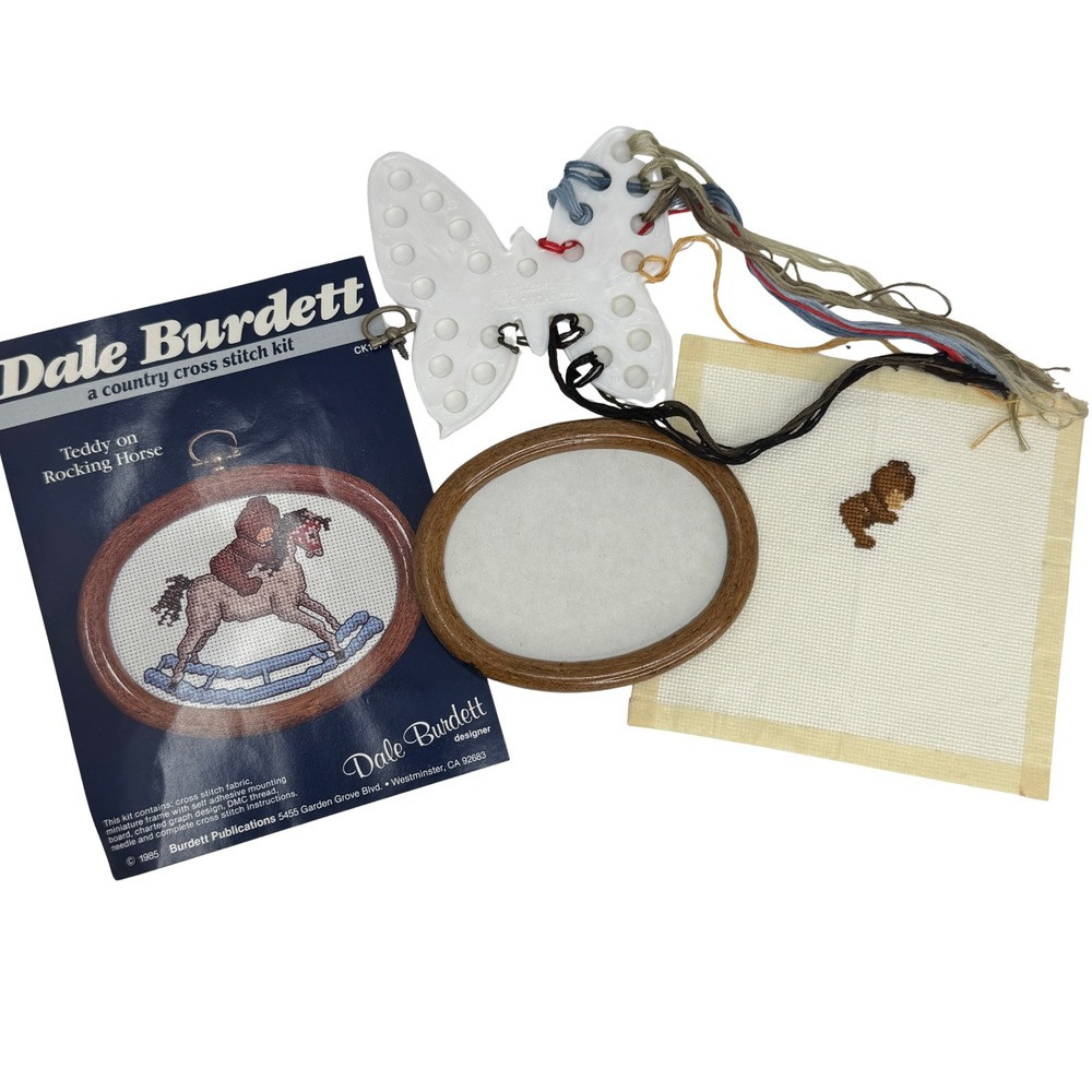Vintage 1985 Dale Burdett Teddy on Rocking Horse Cross Stitch Kit CK151 Started